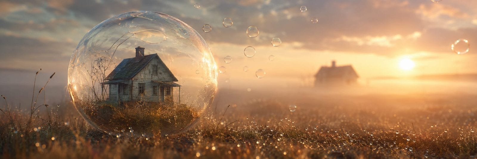 An old house inside a glass bubble sits on a misty field at sunrise, surrounded by nature and reflections.