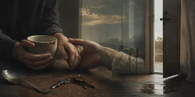 Hands holding a cup, with keys and spoon on table; ghostly hand touches as rainwater reflects nature by an open door.