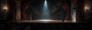 Empty theater stage with red curtains and a spiral staircase, spotlights highlighting a lone top hat.