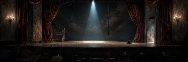 Empty theater stage with red curtains and a spiral staircase, spotlights highlighting a lone top hat.