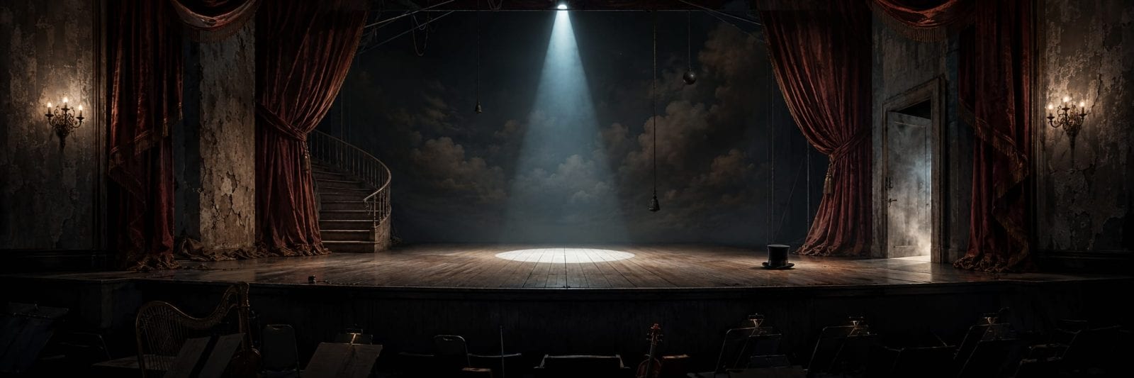 Empty theater stage with red curtains and a spiral staircase, spotlights highlighting a lone top hat.