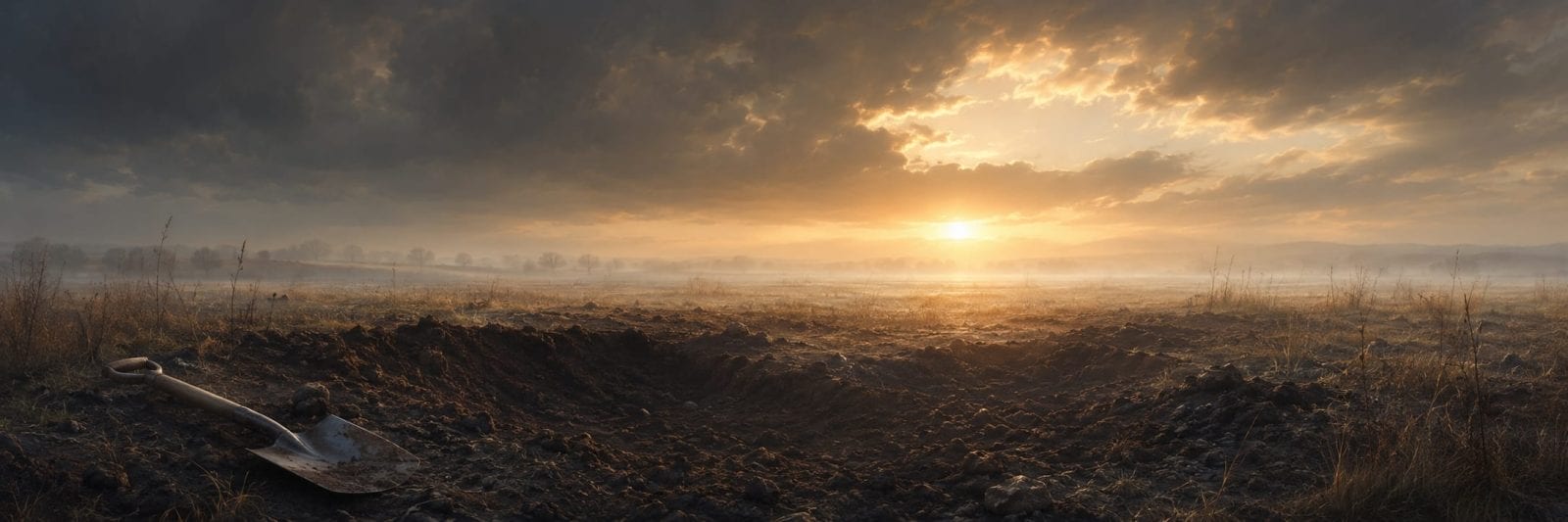 A shovel stands by a fresh hole in a barren field under a dramatic sunrise and swirling clouds.