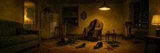 Messy living room with a headless coat, spilled plant, and worn furniture creating a sense of surreal chaos.