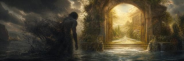 A shadowed figure dissolves into dark water before an open, sunlit garden gate under storm clouds.