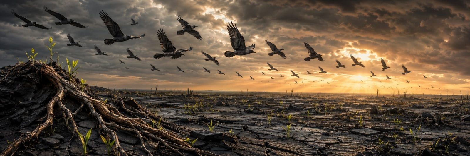 A flock of birds soars above cracked earth and tree roots beneath a dramatic, cloudy sunset sky.
