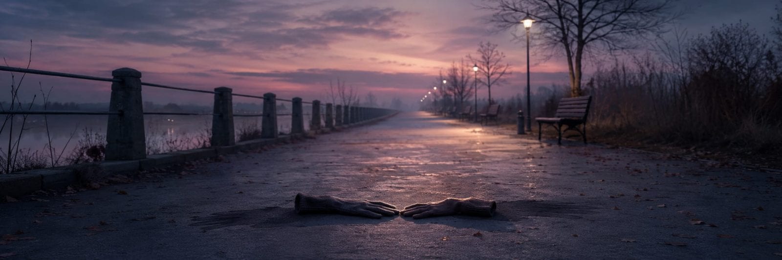 A pair of gloves rests on a misty pathway at dusk beneath street lamps and shadowy trees.