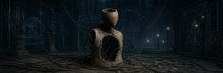 A headless statue bust tangled in cables stands among surreal diagrams on the walls of an abandoned room.