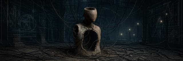 A headless statue bust tangled in cables stands among surreal diagrams on the walls of an abandoned room.