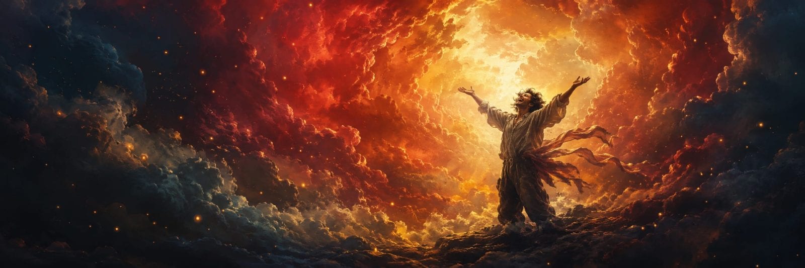A person stands on clouds with arms raised, surrounded by swirling darkness and glowing clouds in warm, deep colors.