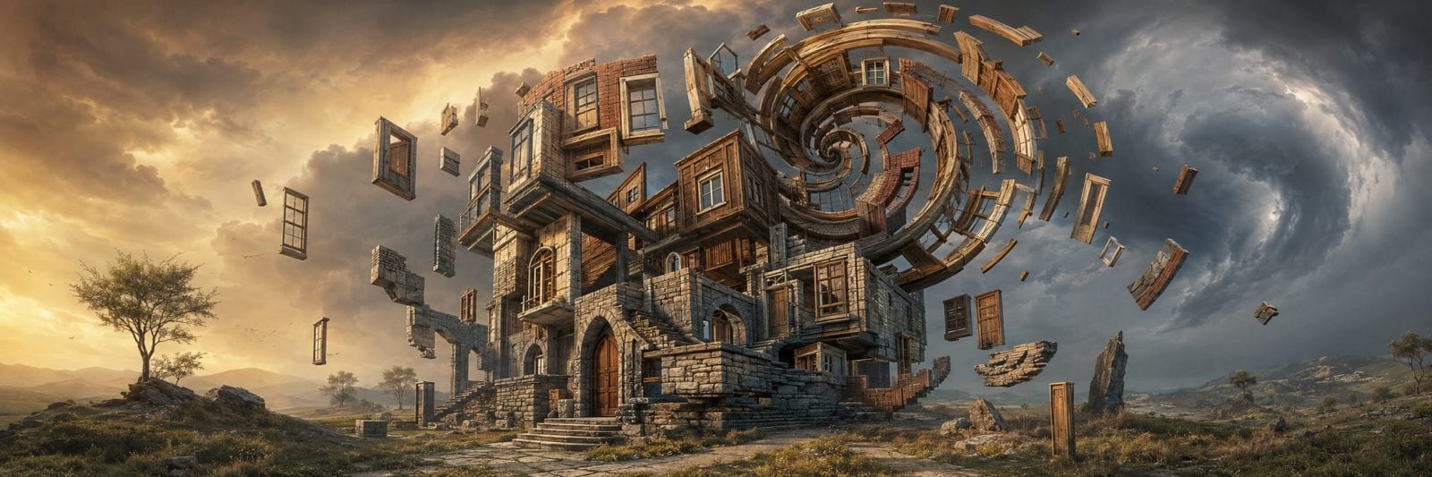 A stone house with spiral windows and doors stands in a surreal landscape beneath dramatic skies reflecting nature.