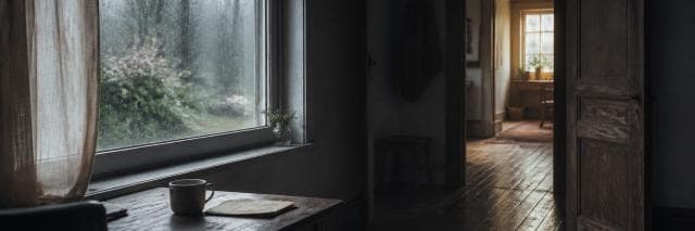 Rain streaks a large window beside a mug and folded paper, while a warm doorway opens into an older house.