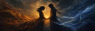 Two figures hold hands amid swirling fire and water, with surreal, fantastical elements merging in a chaotic scene.