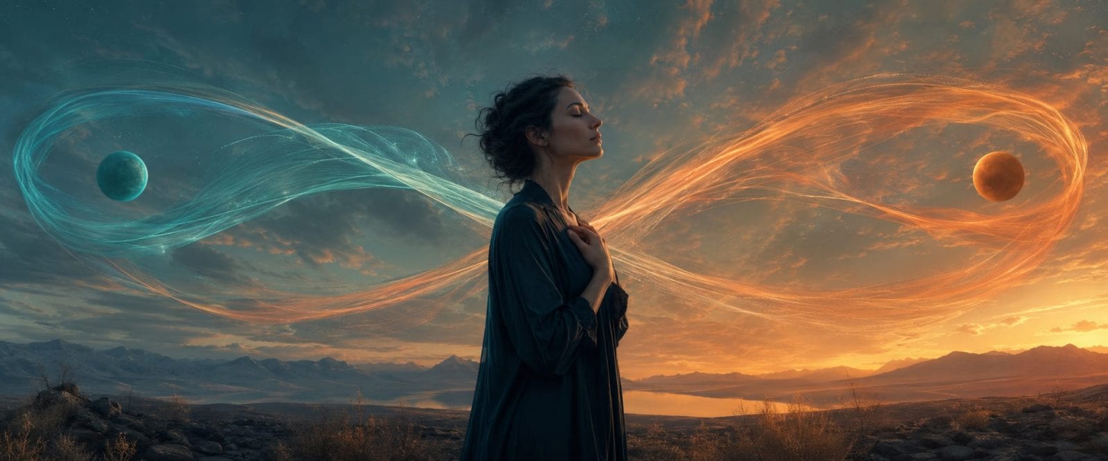 A winged person serves drinks at a bar as a glowing fantastical shape floats among clouds outside the window.