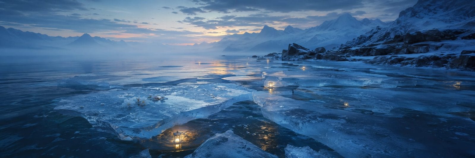 Ice sheets float on a cold lake at dusk with glowing lanterns, distant mountains, and a cloudy sky reflected in the water.