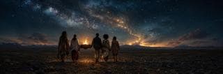 Five robed figures walk toward mountains at night, carrying a burning vessel beneath a star-filled sky.