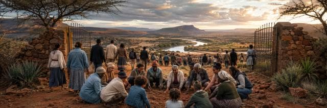 People gather near an iron gate, watching the sunset over the river valley, with some sitting together in a circle.