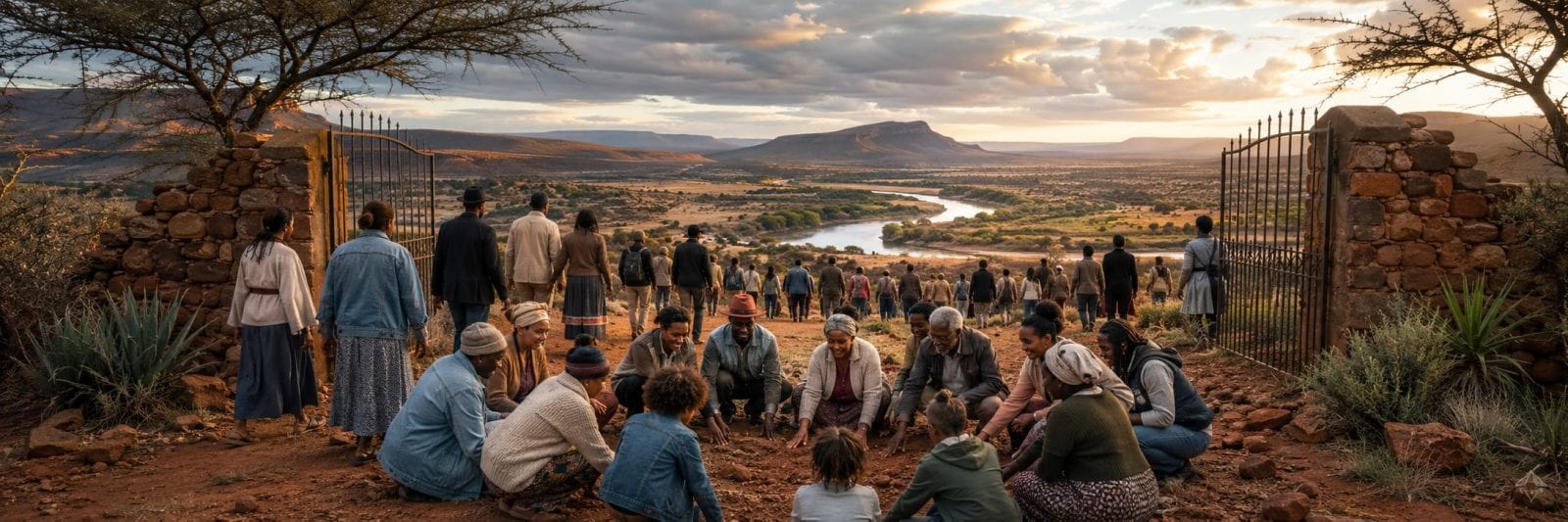 People gather near an iron gate, watching the sunset over the river valley, with some sitting together in a circle.