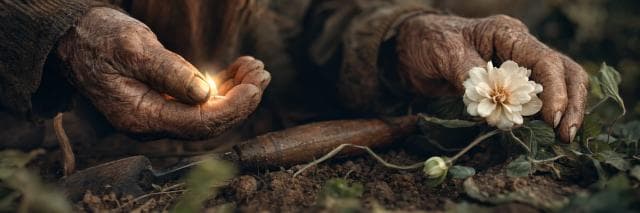 Wrinkled hands hold a glowing light and white flower above soil, symbolizing strength and spirit in the midst of chaos in the garden.