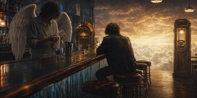 Bartender with angel wings cleans a glass as a guest sits at a bar above clouds and a sunset sky.