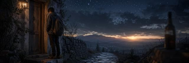 A person stands at a door by a stone path at dusk; distant mountains appear chaotic, and a bottle is nearby.
