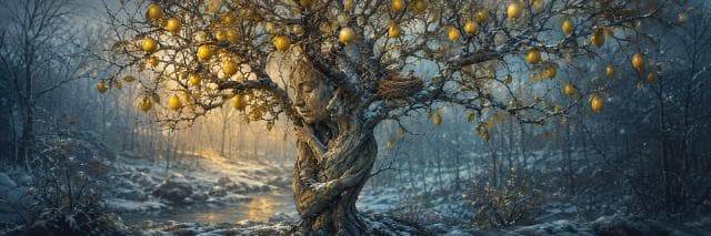 A tree with a human face in its trunk grows golden fruit amid snowy mist, creating a mystical landscape of nature and reflection.