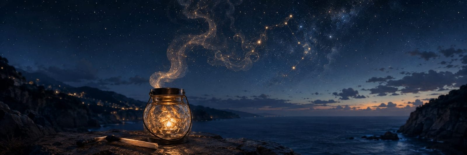 A glowing jar releases smoke shaping constellations over cliffs, with distant lights and the ocean in the background.