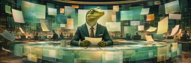 A lizard in a suit delivers satire from a circular desk, surrounded by floating screens in a studio.
