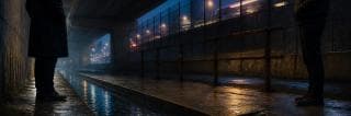 Two anonymous figures stand at opposite sides of a wet underpass, divided by a rain-filled gutter beneath traffic lights and a rusted rail.