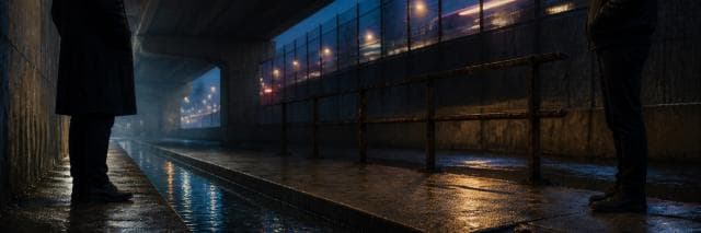 Two anonymous figures stand at opposite sides of a wet underpass, divided by a rain-filled gutter beneath traffic lights and a rusted rail.