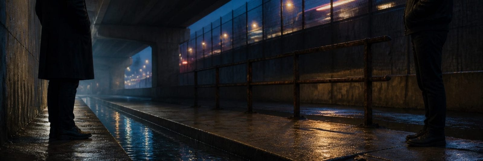 Two anonymous figures stand at opposite sides of a wet underpass, divided by a rain-filled gutter beneath traffic lights and a rusted rail.