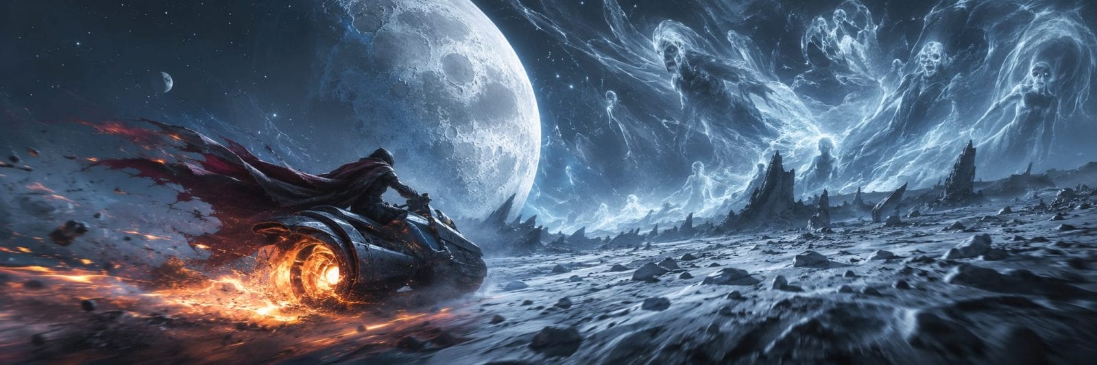 A figure on a fiery motorcycle speeds across a surreal lunar landscape beneath swirling ghostly shapes and chaotic skies.