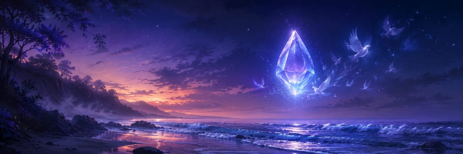 Featured: A glowing crystal floats above an ocean at sunset as waves crash beneath a purple sky.