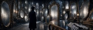 Ornate mirrors reflect a chaotic scene as silver gloves lie on a polished table.