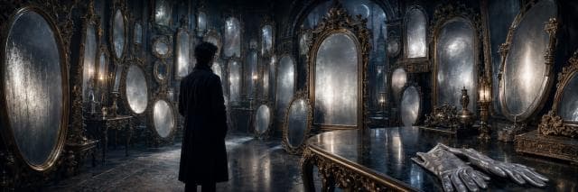 Ornate mirrors reflect a chaotic scene as silver gloves lie on a polished table.