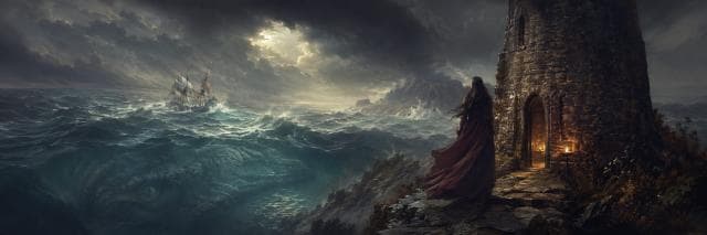 A cloaked woman stands beside a stone tower, watching a stormy sea with a beast lurking beneath the waves.