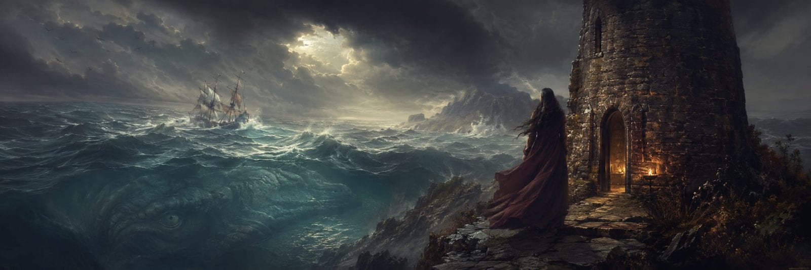 A cloaked woman stands beside a stone tower, watching a stormy sea with a beast lurking beneath the waves.