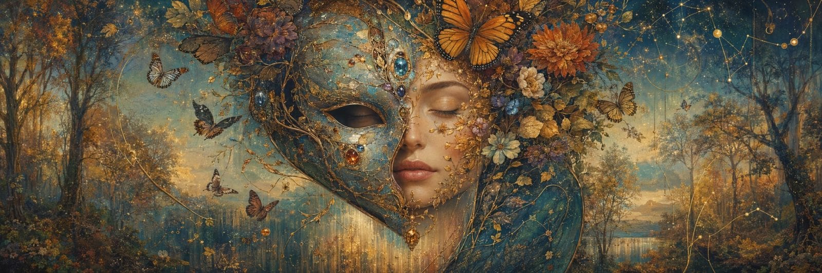 A woman wearing a leafy gem mask is surrounded by flowers and butterflies in a magical forest.