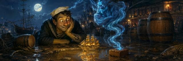 A sailor watches a glowing ship in the water while a blue genie emerges from a brick under the moonlit sky.