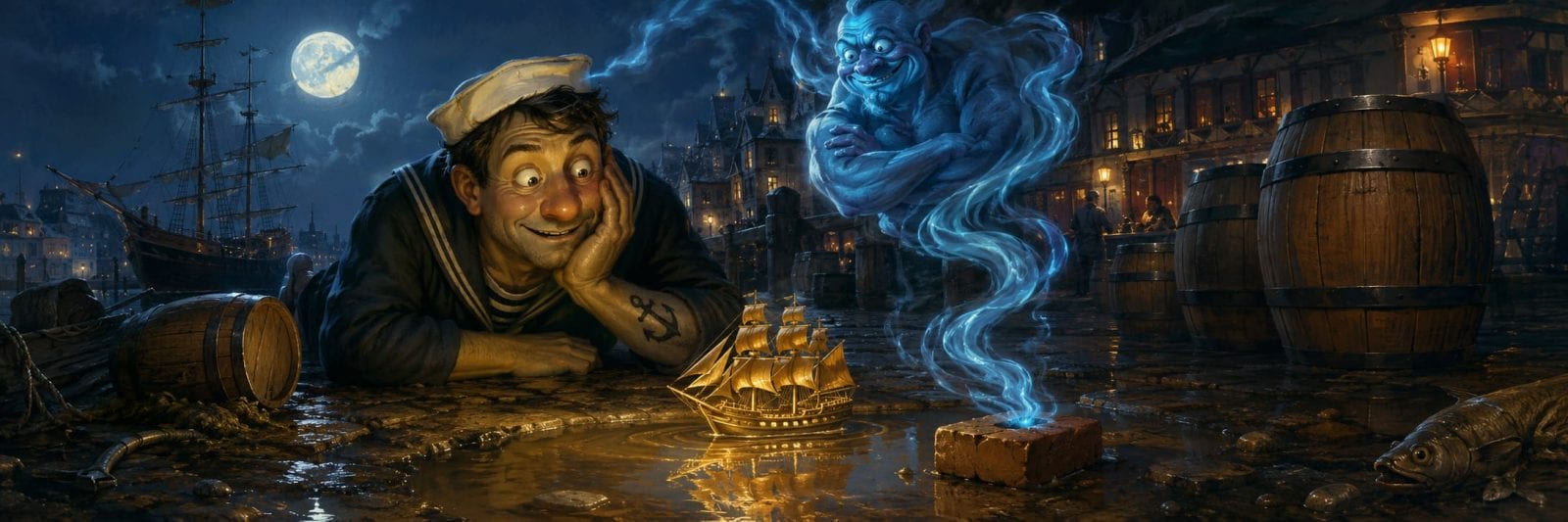 A sailor watches a glowing ship in the water while a blue genie emerges from a brick under the moonlit sky.