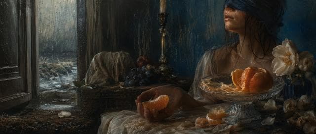 A blindfolded woman by a window holds an orange slice, surrounded by unusual fruit and flowers.