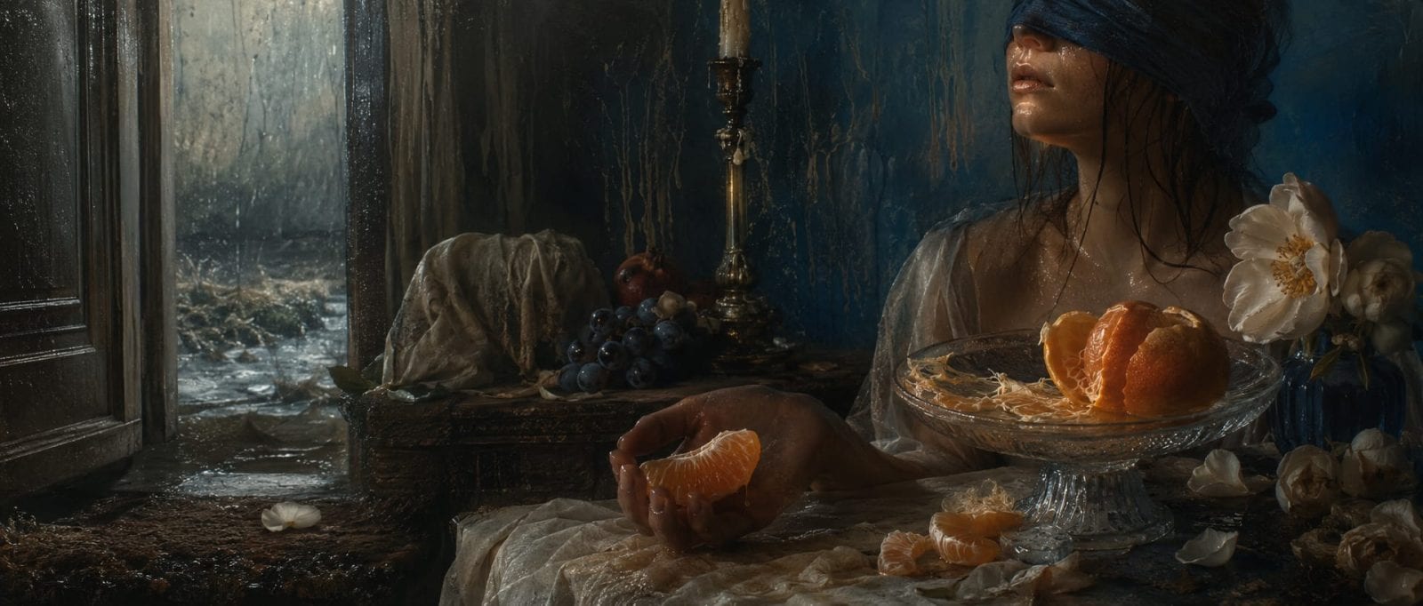 A blindfolded woman by a window holds an orange slice, surrounded by unusual fruit and flowers.
