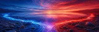 Lake at sunset with glowing streams merging, vivid colors reflecting across the sky and water.