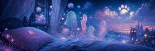 Dreamy nighttime bedroom with surreal ghostly figures, floating orbs, and a glowing paw print under a starry purple sky.
