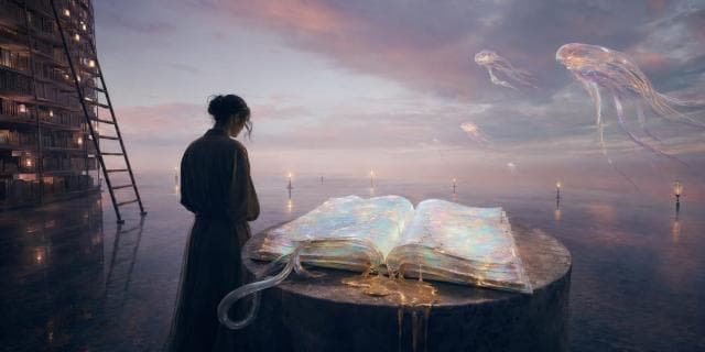 A person stands by a glowing open book as surreal jellyfish float past in a fantastical library with tall shelves.
