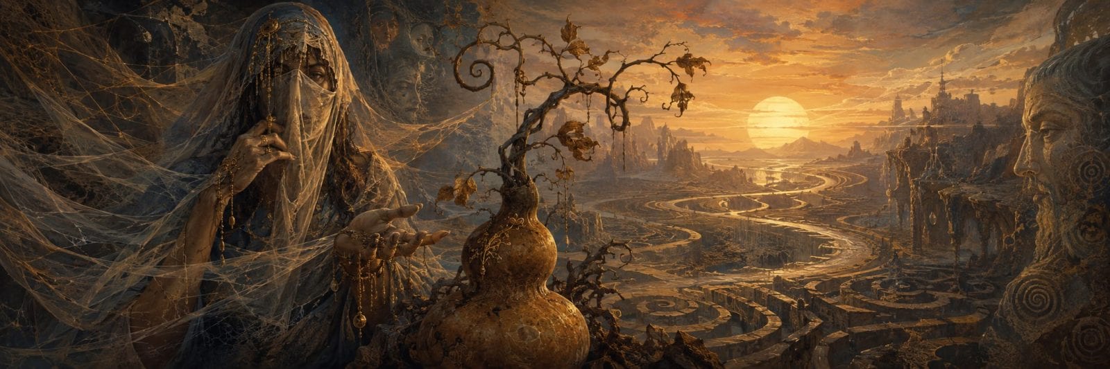 A veiled figure with a gourd stands among twisted trees and ruins in a mystical, otherworldly landscape at sunset.