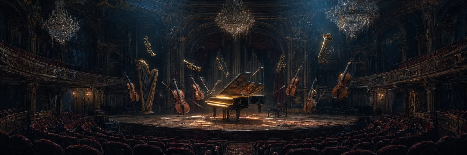 A grand piano and surreal instruments float on stage in an ornate theater decorated with chandeliers.