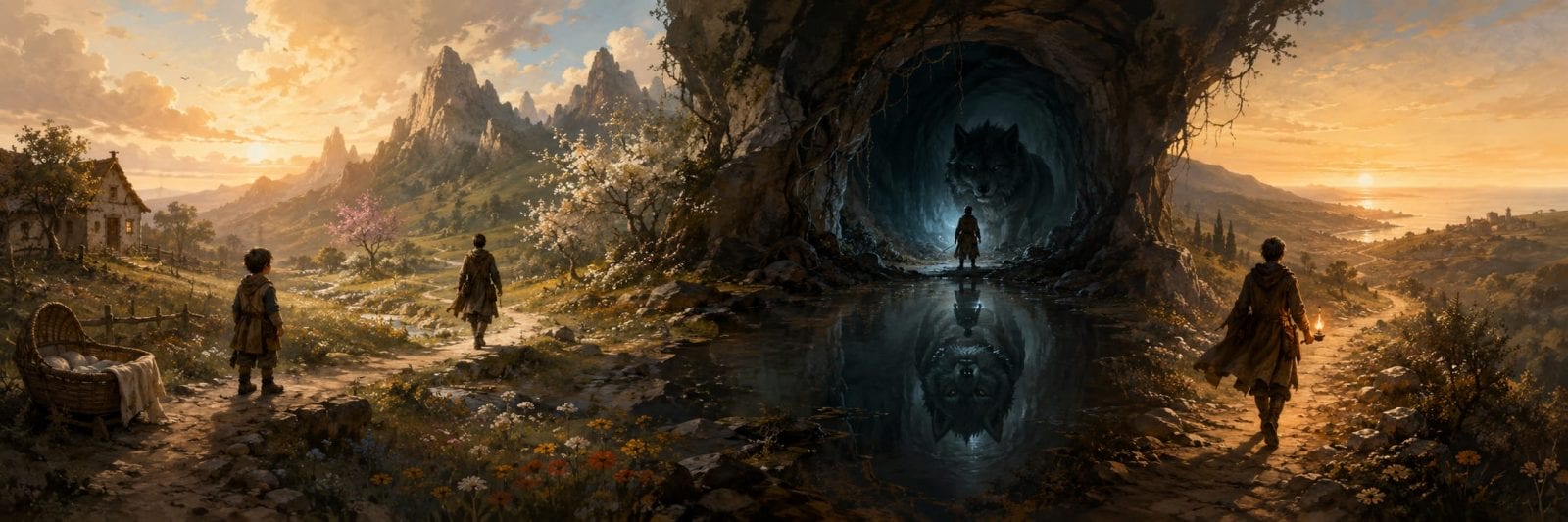 Four people walk a path; one stops at a cave where a large wolf face appears, symbolizing strength and spirit.