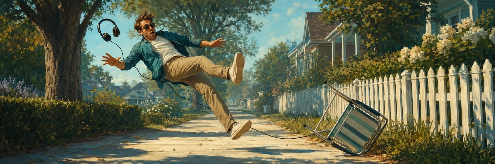 A man trips over a tipped chair on a suburban sidewalk, his headphones flying off.