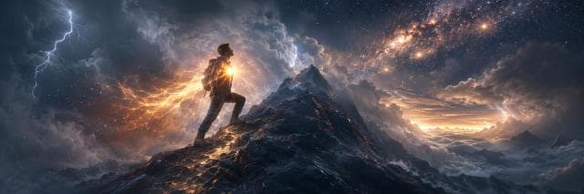 A radiant figure climbs a mountain beneath dramatic clouds and a star-filled sky.
