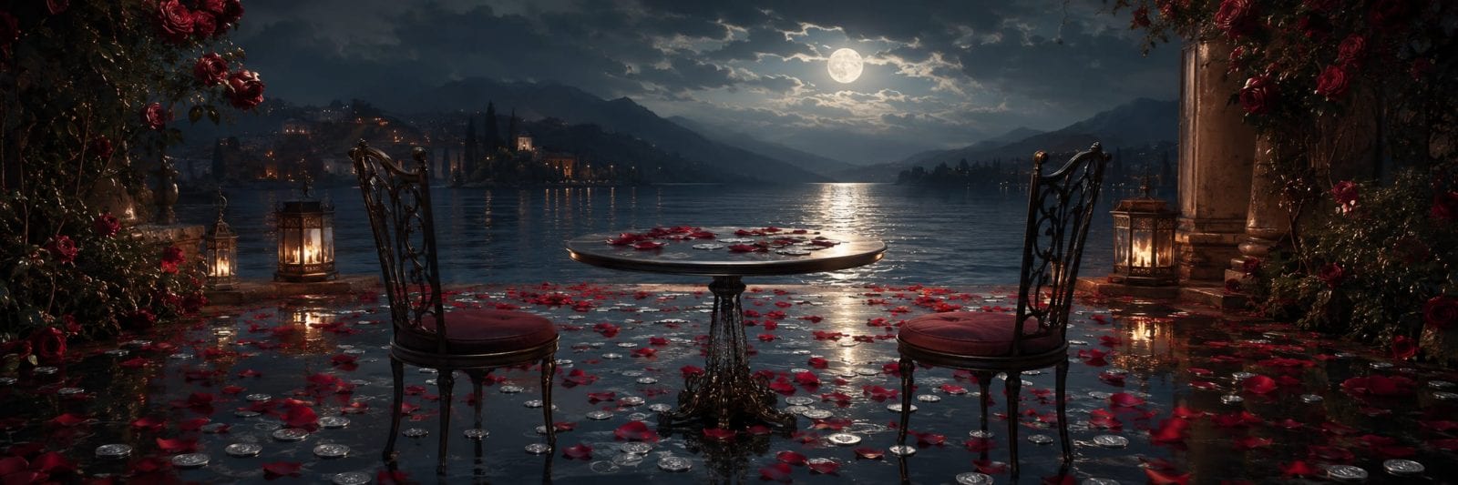 A round table with two chairs by a lake under a full moon, rose petals scattered on the ground.